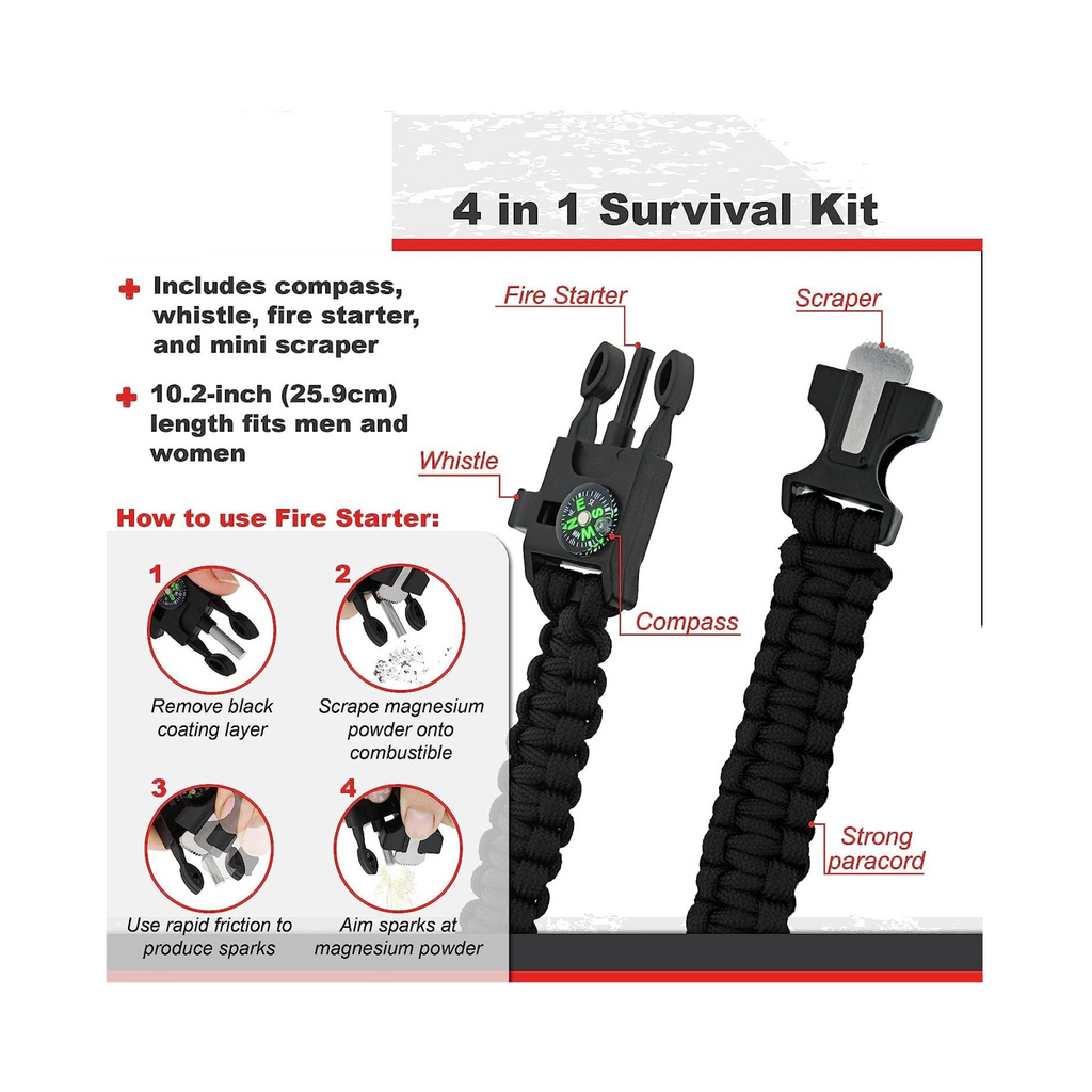 Military Grade Paracord Bracelet 4 in 1 Survival Use (Black)