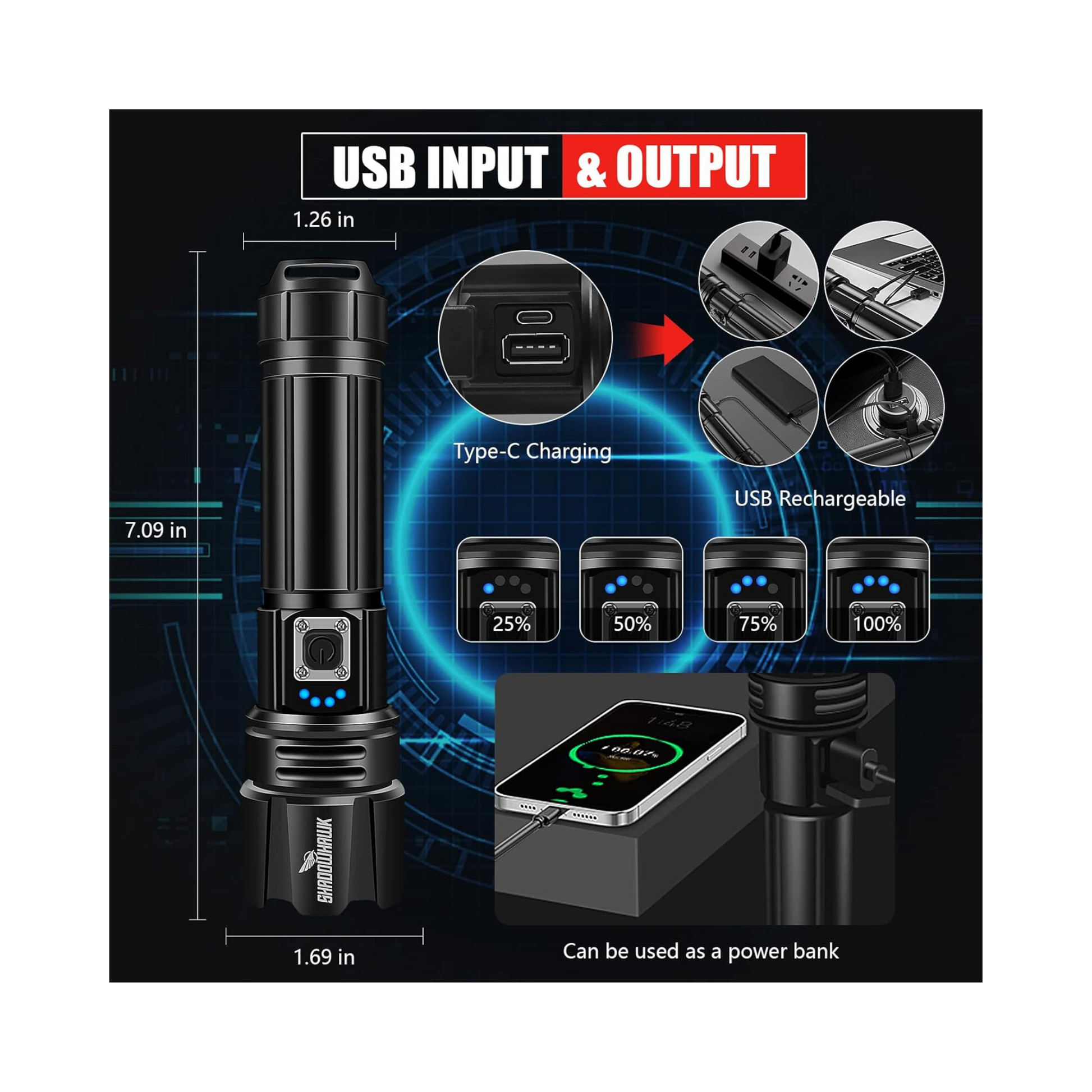 Shadowhawk Flash Light LED Torch 20K Lumens Waterproof