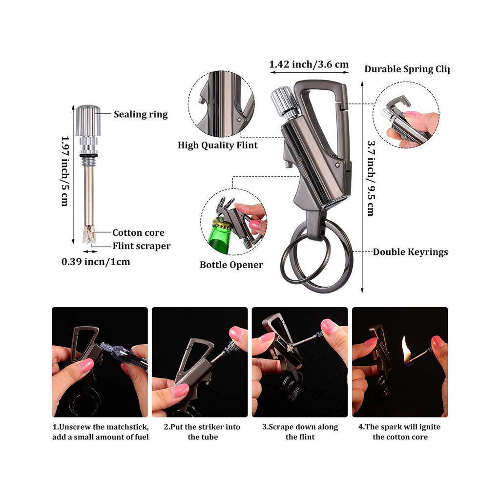 Alkey Flint Lighter Fire Starter Keychain 3 in 1